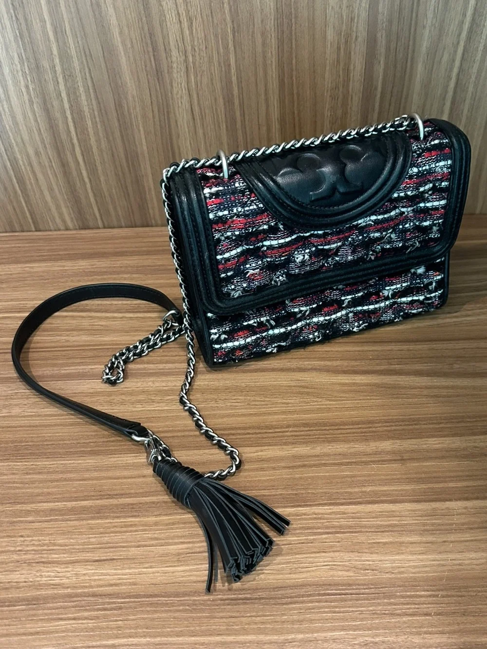 Tory Burch Tweed Chain-Handle Flap Shoulder Crossbody Bag with Tassel Black